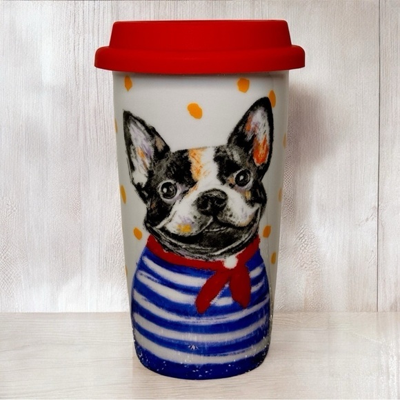 Pier 1 Other - Pier 1 Retired Boston Terrier Ceramic Travel Mug with Red Silicone Lid